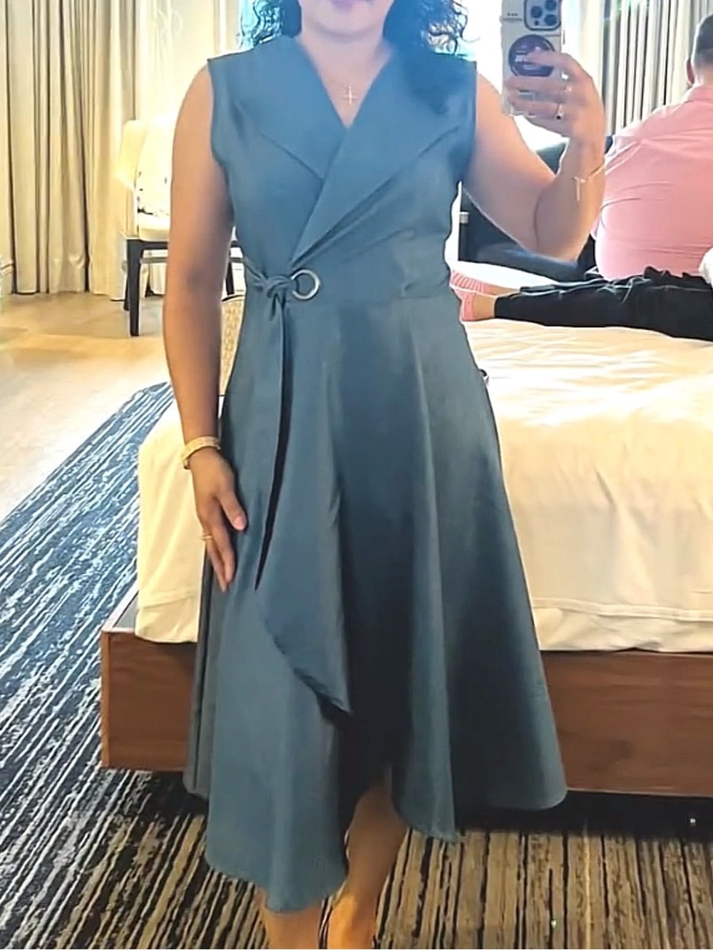 Lynn Ryan Blue Denim Sleeveless Wrap Midi Dress size Medium